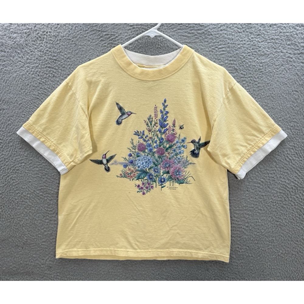 Vintage Morning Sun Shirt Womens Medium Yellow Hummingbird Made In USA 90s Y2K